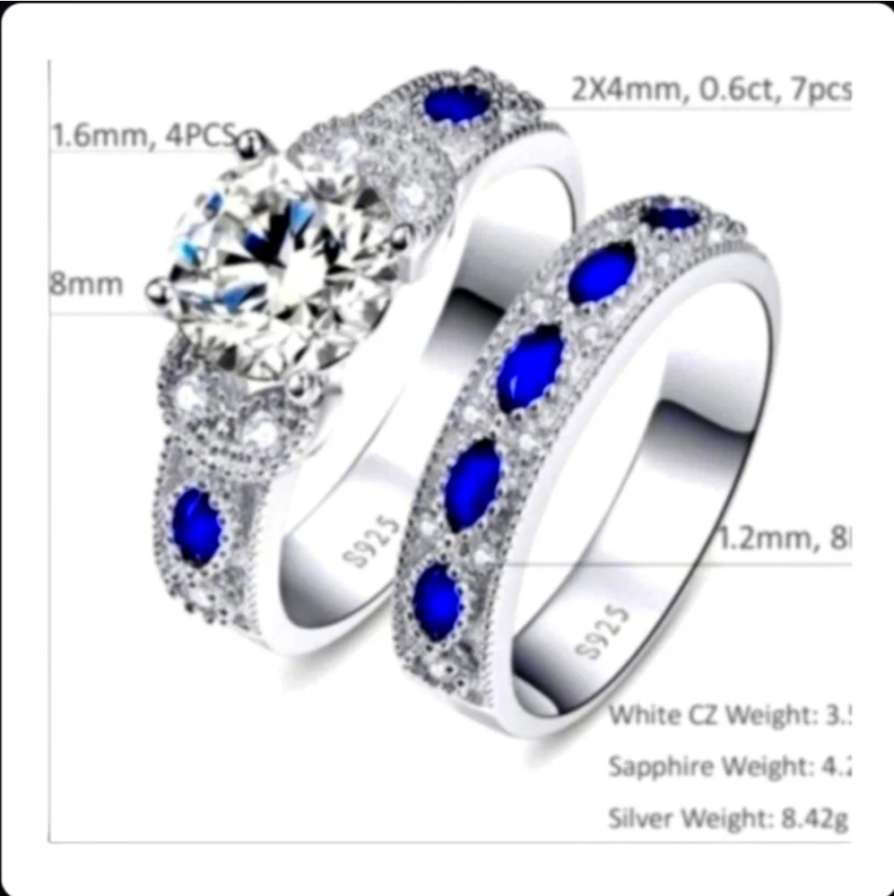 NWT 925 Sterling Silver Bridal Set/ Cocktail CZ & Created Sapphire